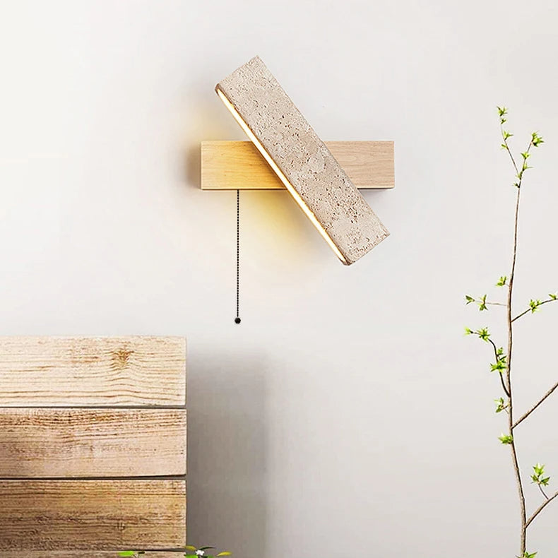 Japandi Natural Stone Wood Rectangular Wall Lighting With Pull Switch │ Modern LED Rotatable Sconce Wall Light - Besontique Home