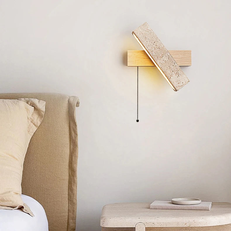 Japandi Natural Stone Wood Rectangular Wall Lighting With Pull Switch │ Modern LED Rotatable Sconce Wall Light - Besontique Home
