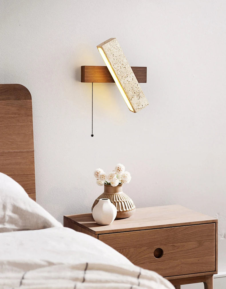 Japandi Natural Stone Wood Rectangular Wall Lighting With Pull Switch │ Modern LED Rotatable Sconce Wall Light - Besontique Home