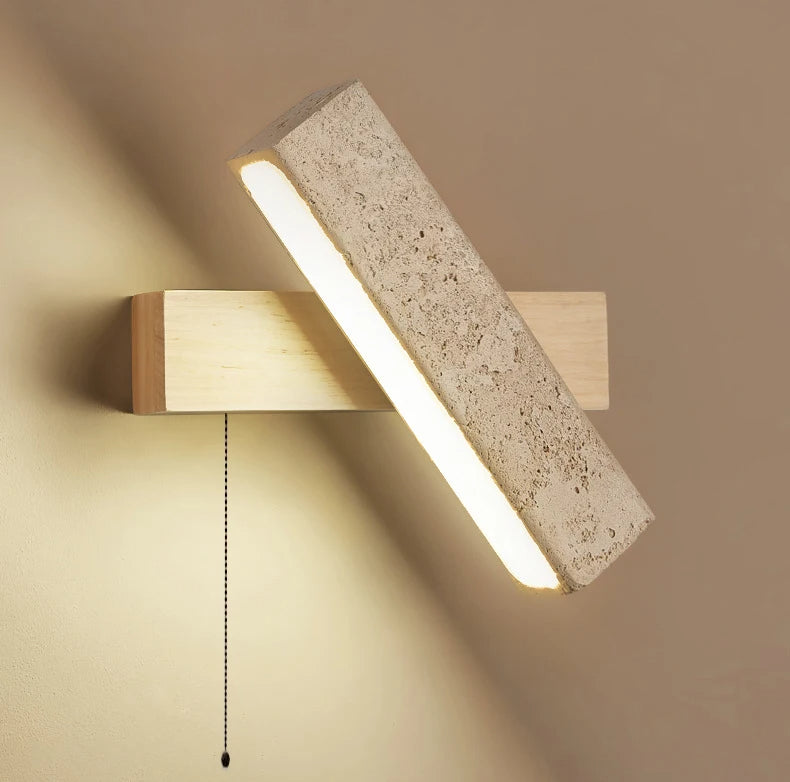 Japandi Natural Stone Wood Rectangular Wall Lighting With Pull Switch │ Modern LED Rotatable Sconce Wall Light - Besontique Home