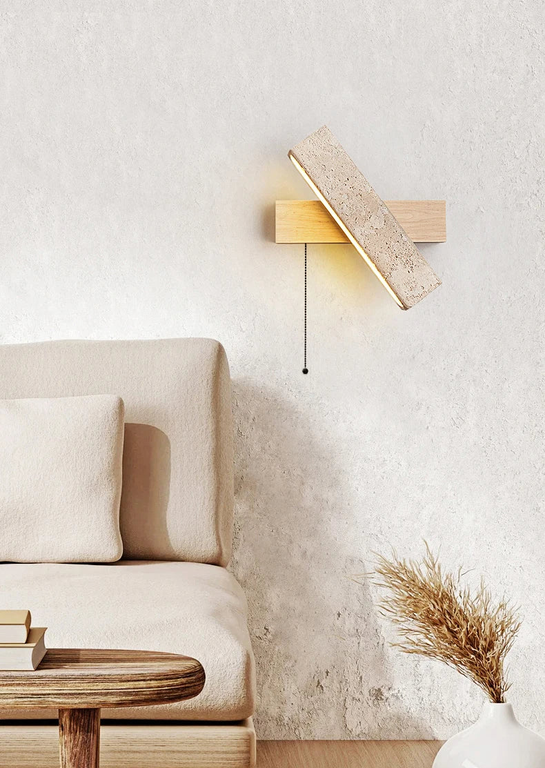 Japandi Natural Stone Wood Rectangular Wall Lighting With Pull Switch │ Modern LED Rotatable Sconce Wall Light - Besontique Home