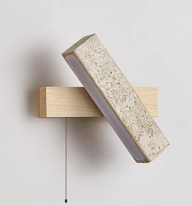 Japandi Natural Stone Wood Rectangular Wall Lighting With Pull Switch │ Modern LED Rotatable Sconce Wall Light - Besontique Home