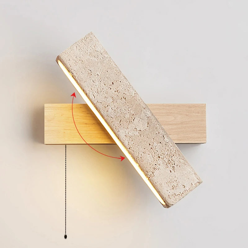 Japandi Natural Stone Wood Rectangular Wall Lighting With Pull Switch │ Modern LED Rotatable Sconce Wall Light - Besontique Home