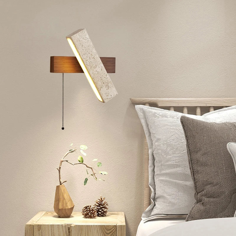 Japandi Natural Stone Wood Rectangular Wall Lighting With Pull Switch │ Modern LED Rotatable Sconce Wall Light - Besontique Home