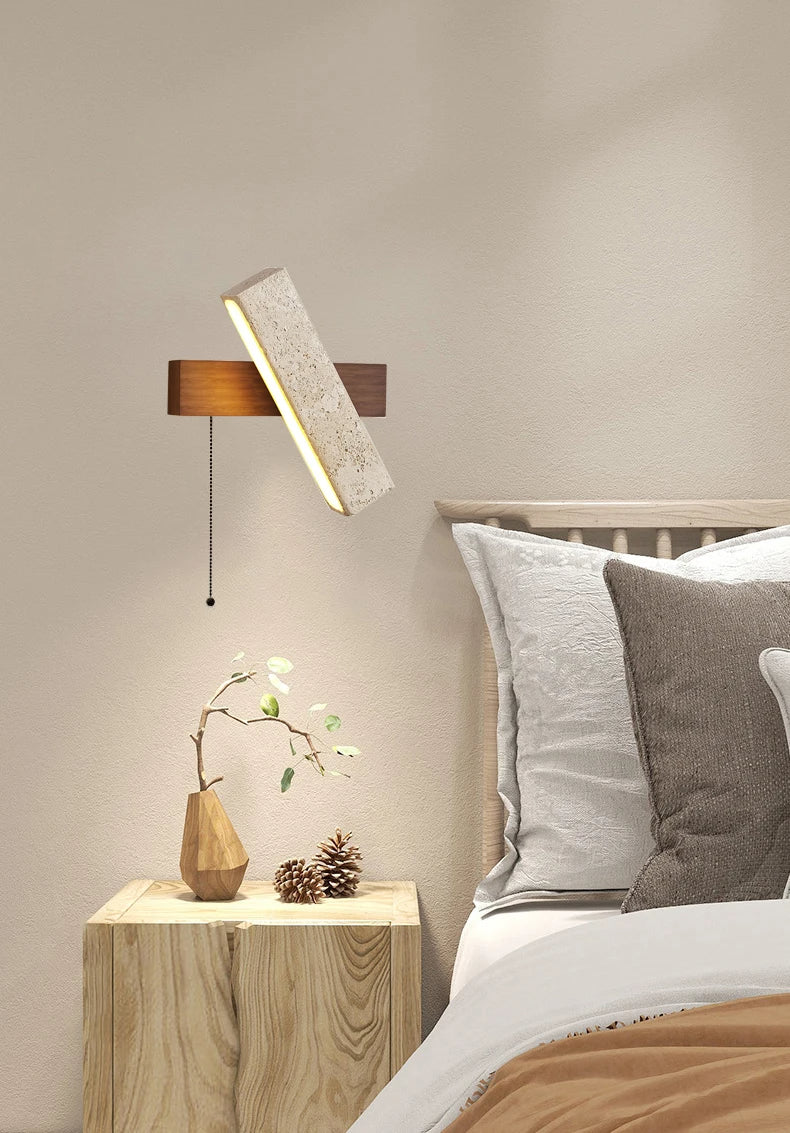 Japandi Natural Stone Wood Rectangular Wall Lighting With Pull Switch │ Modern LED Rotatable Sconce Wall Light - Besontique Home