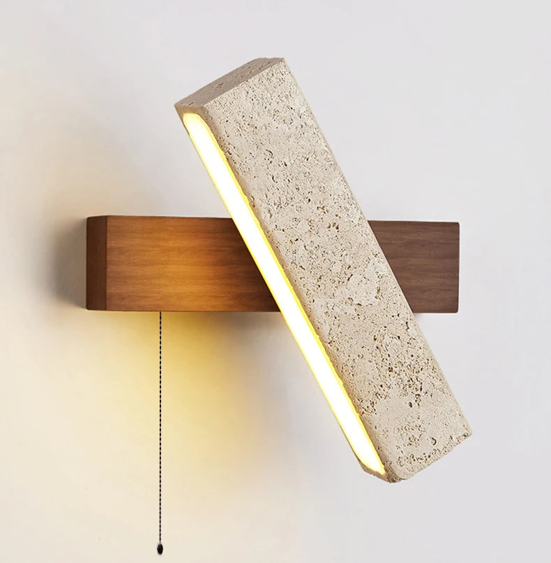Japandi Natural Stone Wood Rectangular Wall Lighting With Pull Switch │ Modern LED Rotatable Sconce Wall Light - Besontique Home