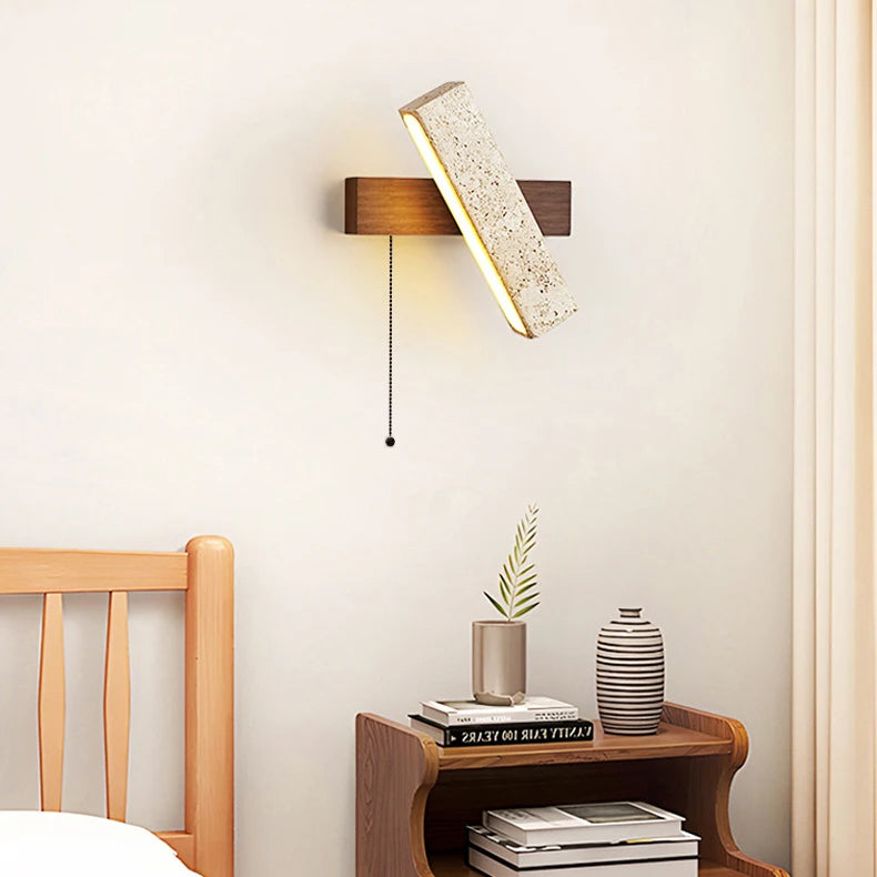 Japandi Natural Stone Wood Rectangular Wall Lighting With Pull Switch │ Modern LED Rotatable Sconce Wall Light - Besontique Home