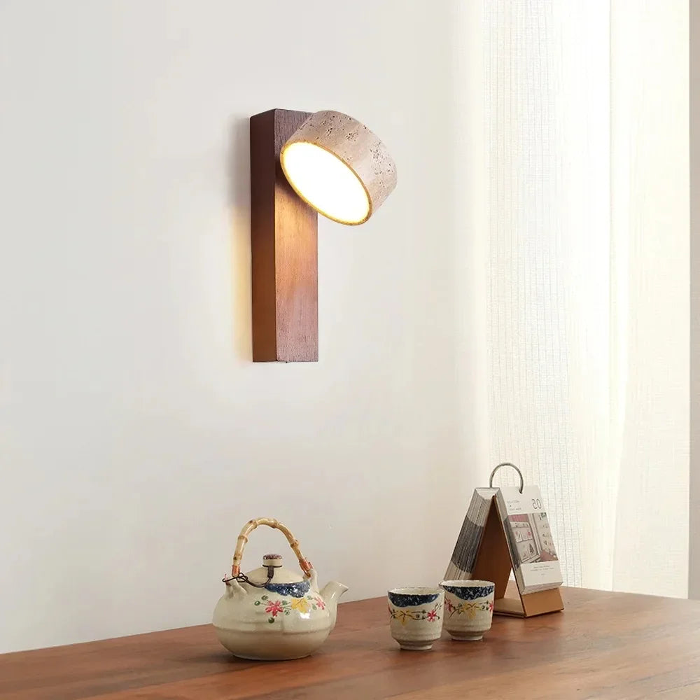 Japandi Natural Stone Wood Wall Lighting With Pull Switch │ Modern Vintage Style Round LED Sconce Wall Light - Besontique Home