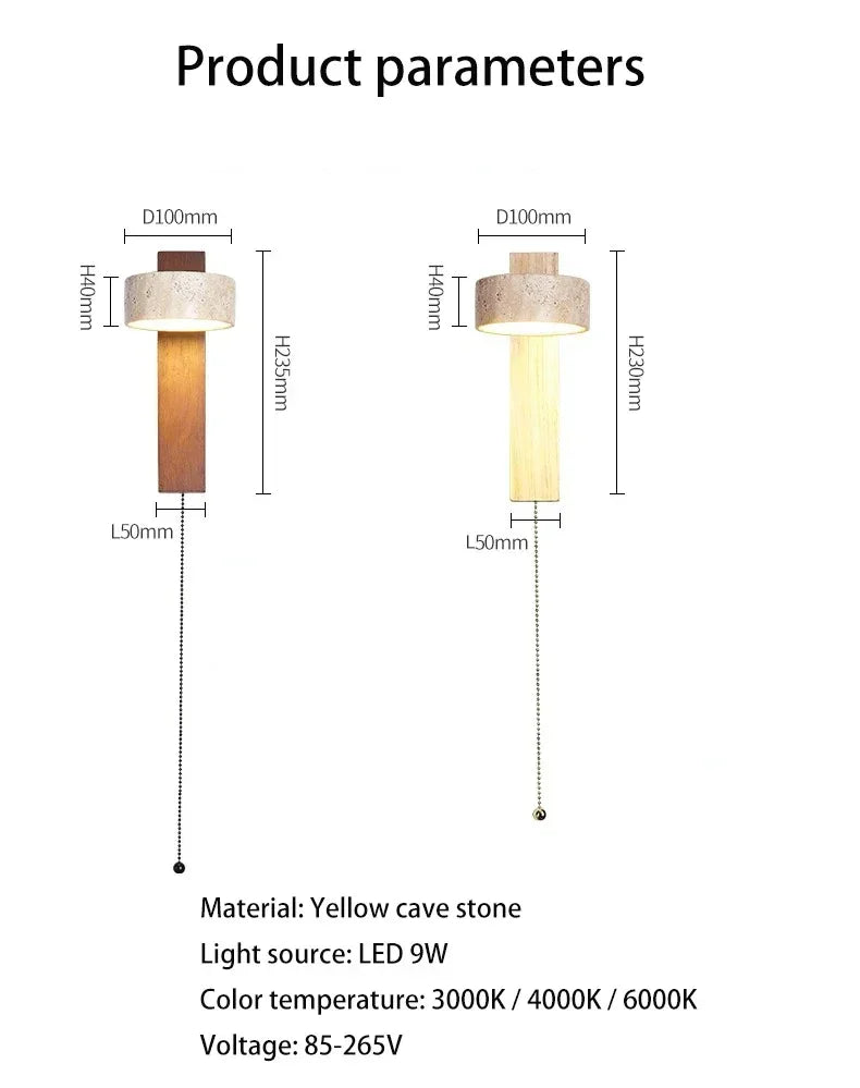 Japandi Natural Stone Wood Wall Lighting With Pull Switch │ Modern Vintage Style Round LED Sconce Wall Light - Besontique Home