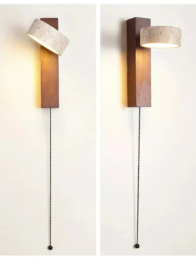 Japandi Natural Stone Wood Wall Lighting With Pull Switch │ Modern Vintage Style Round LED Sconce Wall Light - Besontique Home