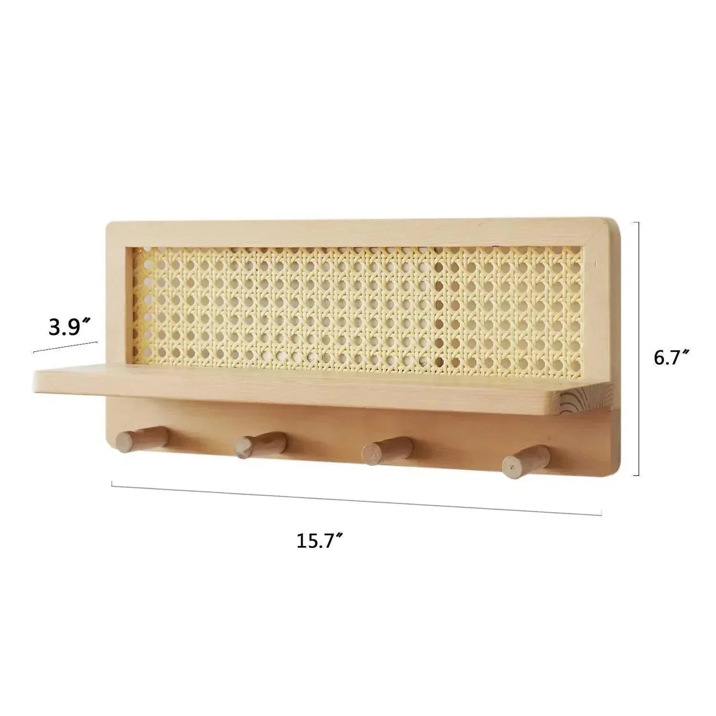 Japandi Solid Wood Rattan Wall Storage Rack │ Modern Minimal Hook Clothes Key Holder Storage - Besontique Home
