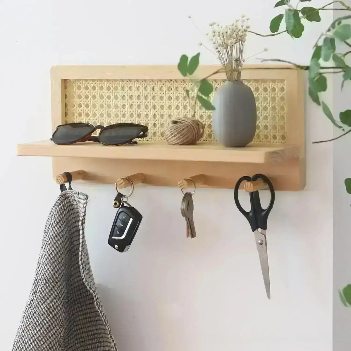 japandi-solid-wood-rattan-wall-storage-rack-modern-minimal-hook-clothes-key-holder-storage-besontique-home-97215 - Besontique Home