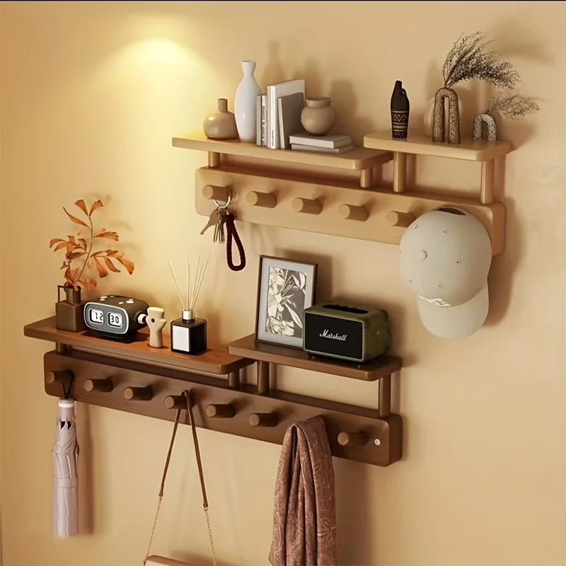 Wood Entrance Wall Mounted Coat Rack 6 Hooks with Shelf