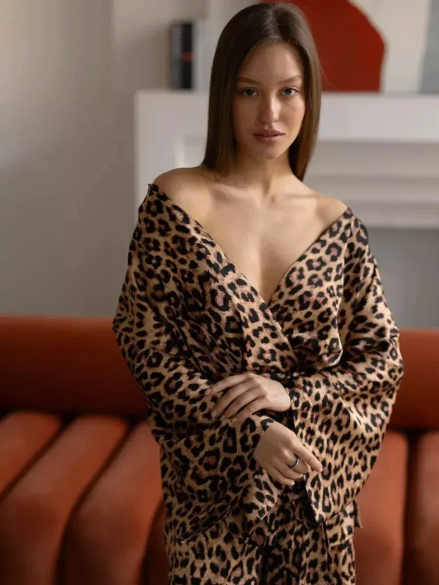 Leopard Printed Long Sleeved Nightgown Pants 2 Piece Set - Besontique Home