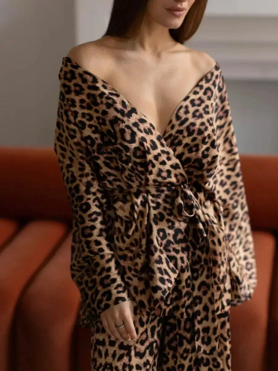 Leopard Printed Long Sleeved Nightgown Pants 2 Piece Set - Besontique Home