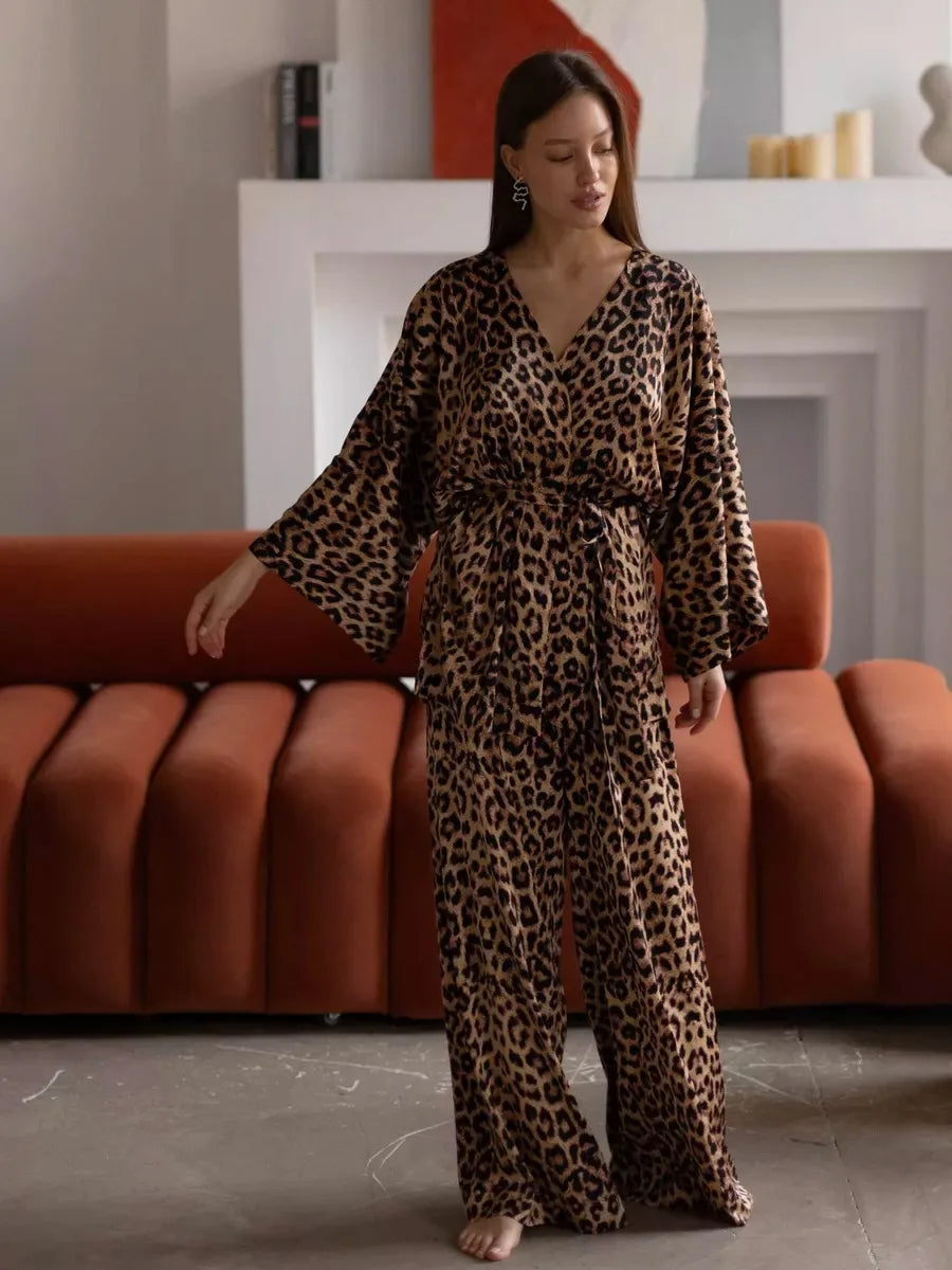 Leopard Printed Long Sleeved Nightgown Pants 2 Piece Set - Besontique Home