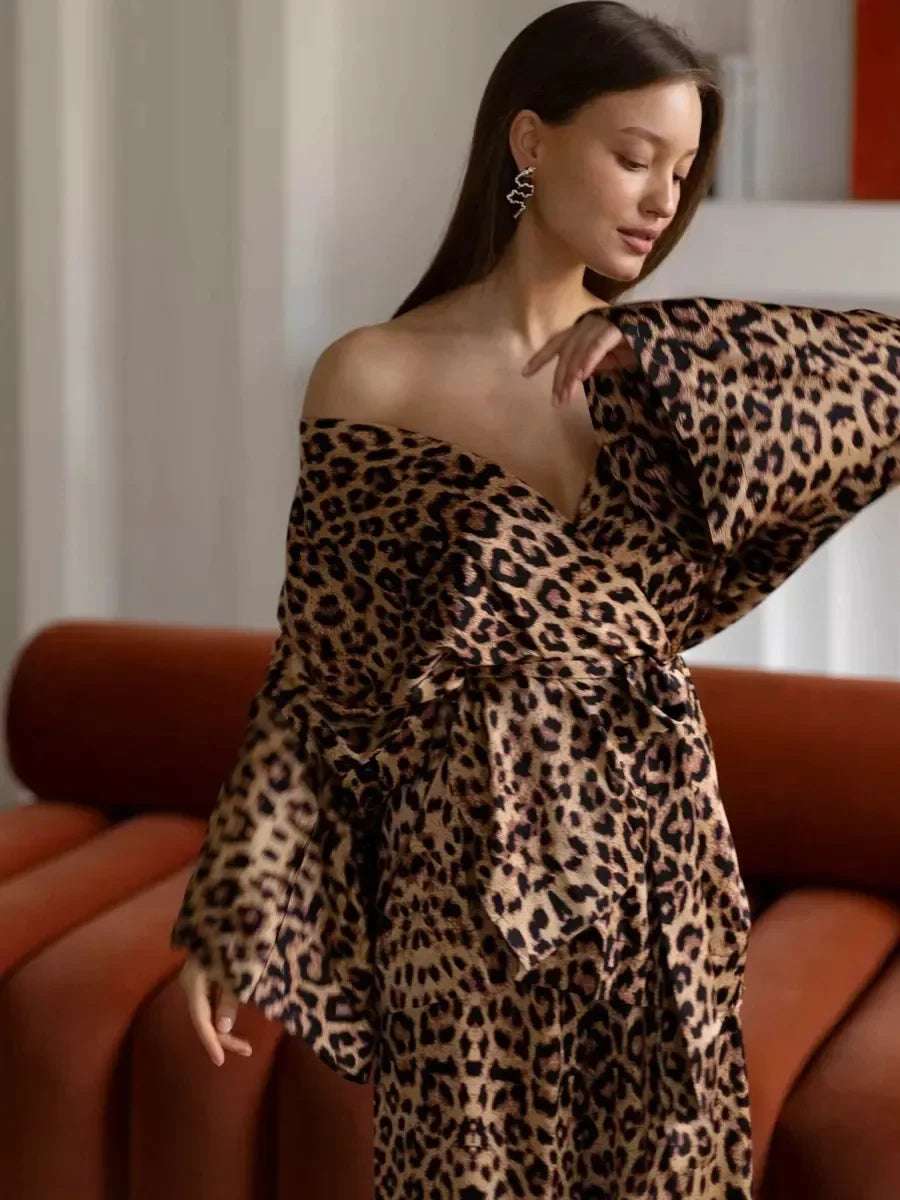 Leopard Printed Long Sleeved Nightgown Pants 2 Piece Set - Besontique Home