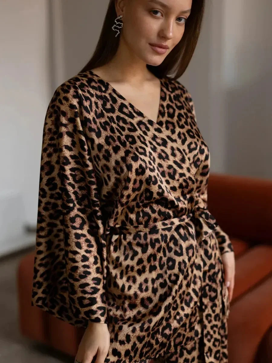 Leopard Printed Long Sleeved Nightgown Pants 2 Piece Set - Besontique Home