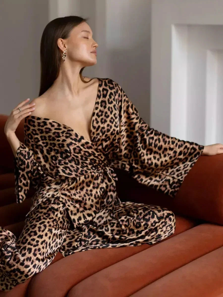 Leopard Printed Long Sleeved Nightgown Pants 2 Piece Set - Besontique Home