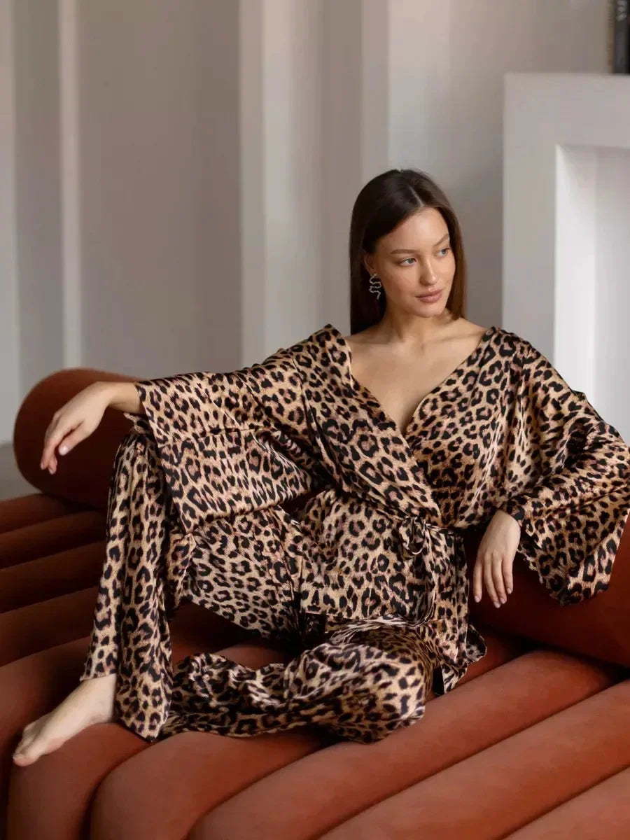 Leopard Printed Long Sleeved Nightgown Pants 2 Piece Set - Besontique Home
