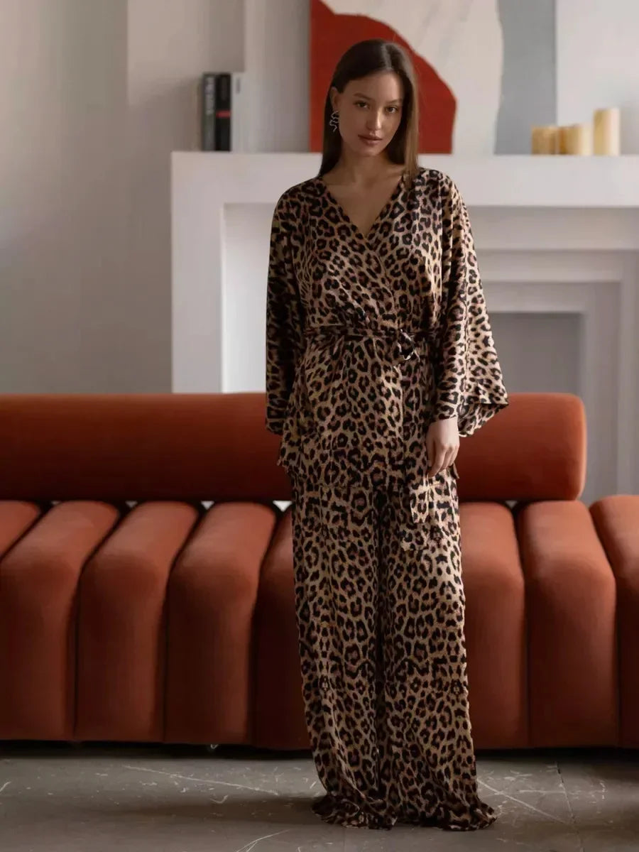 Leopard Printed Long Sleeved Nightgown Pants 2 Piece Set - Besontique Home