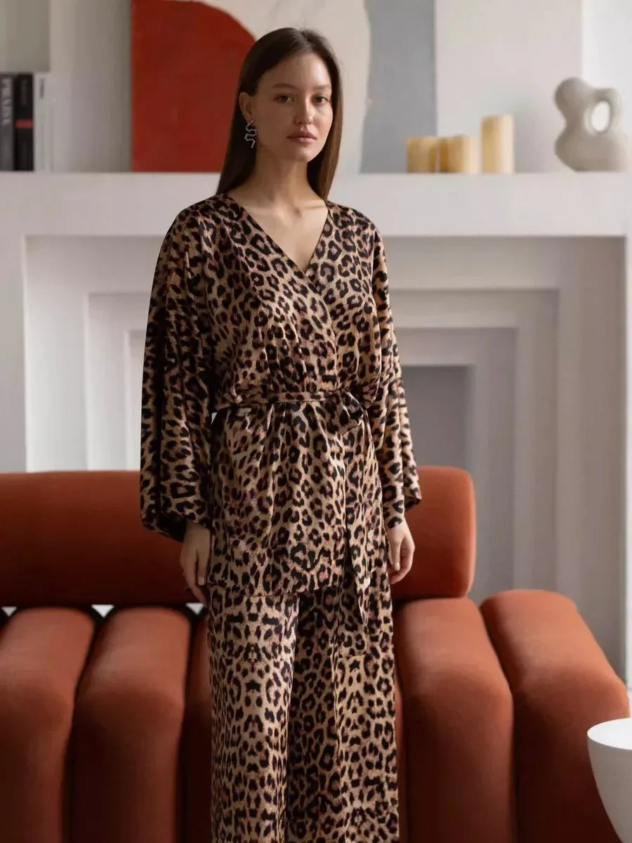 Leopard Printed Long Sleeved Nightgown Pants 2 Piece Set - Besontique Home