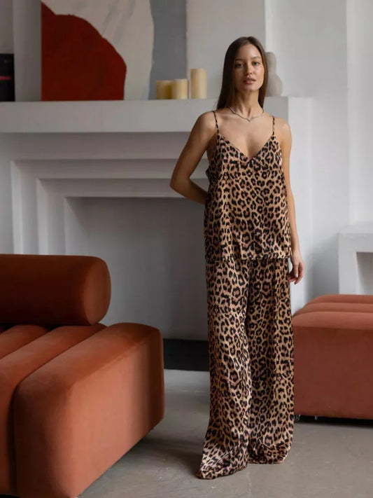 Leopard Printed Tank Top Pants Homewear 2 Piece Set - Besontique Home