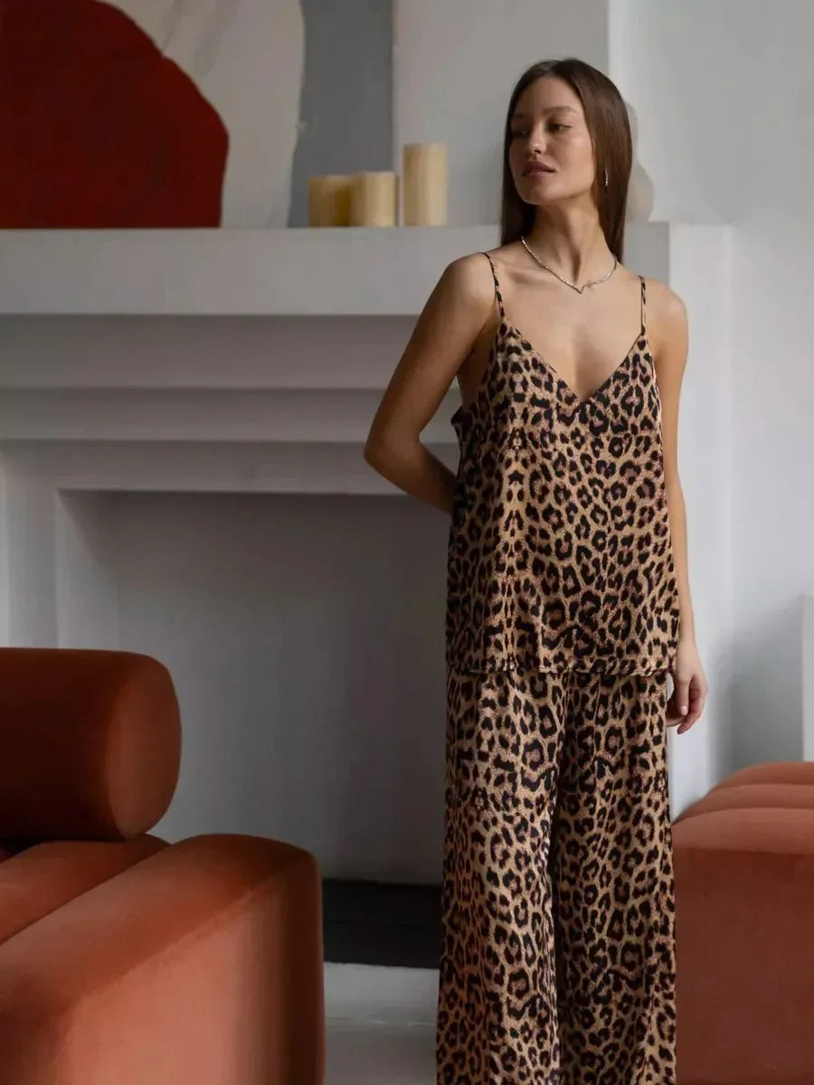 Leopard Printed Tank Top Pants Homewear 2 Piece Set - Besontique Home