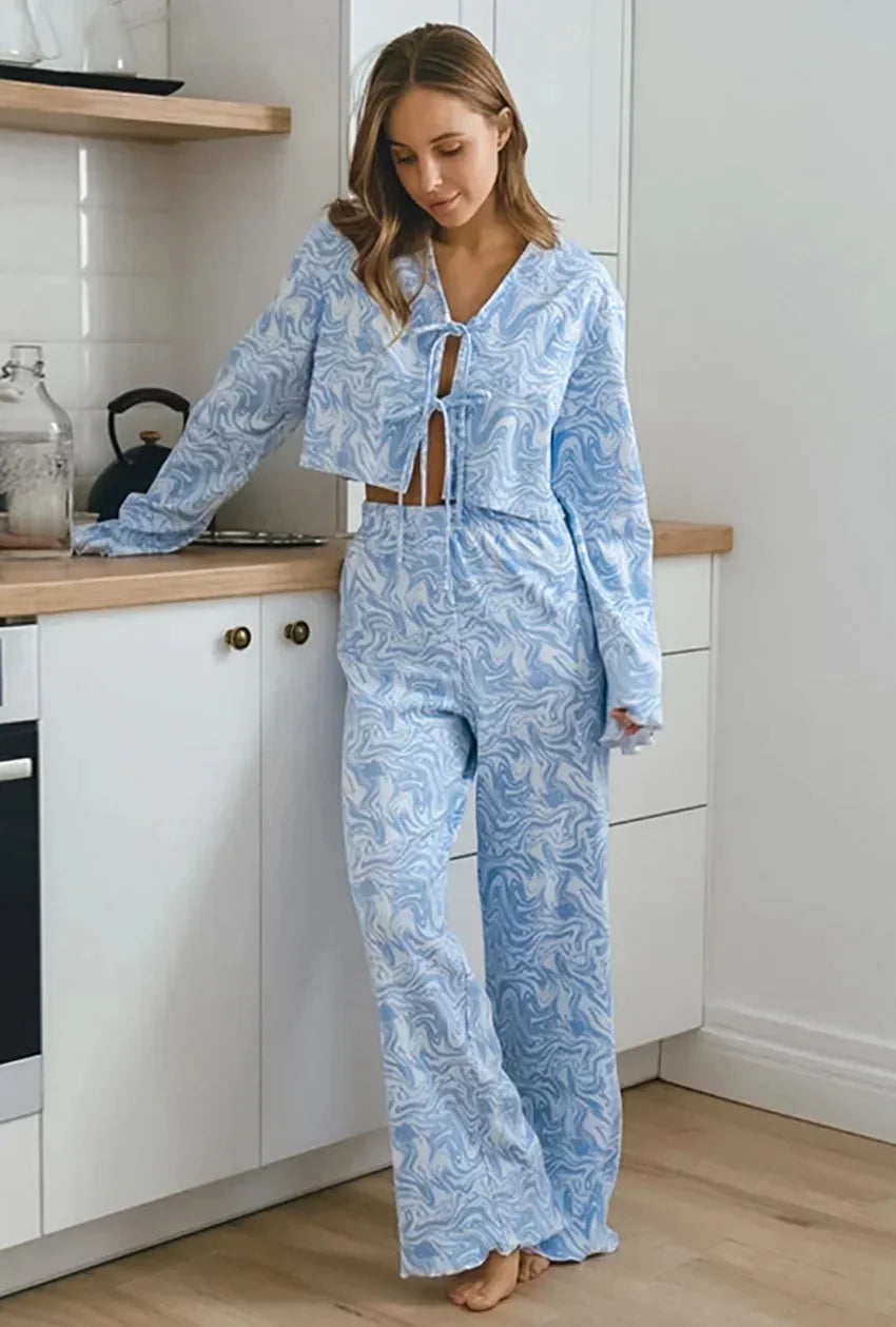 Light Blue Pattern Printed Long-Sleeved Cardigan & Shorts 2-Piece Set – Cozy Homewear Pajamas Sleepwear - Besontique Home