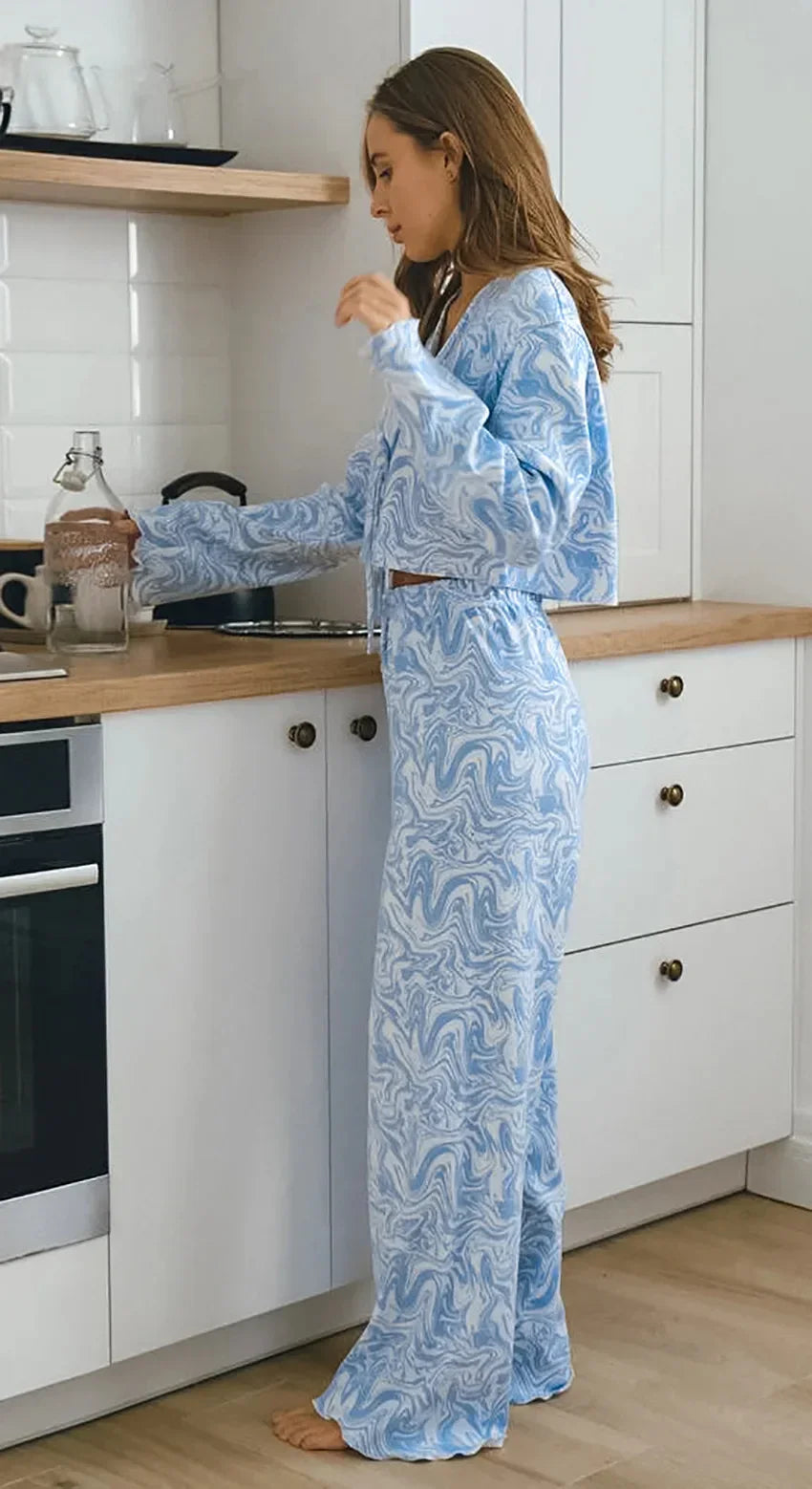Light Blue Pattern Printed Long-Sleeved Cardigan & Shorts 2-Piece Set – Cozy Homewear Pajamas Sleepwear - Besontique Home