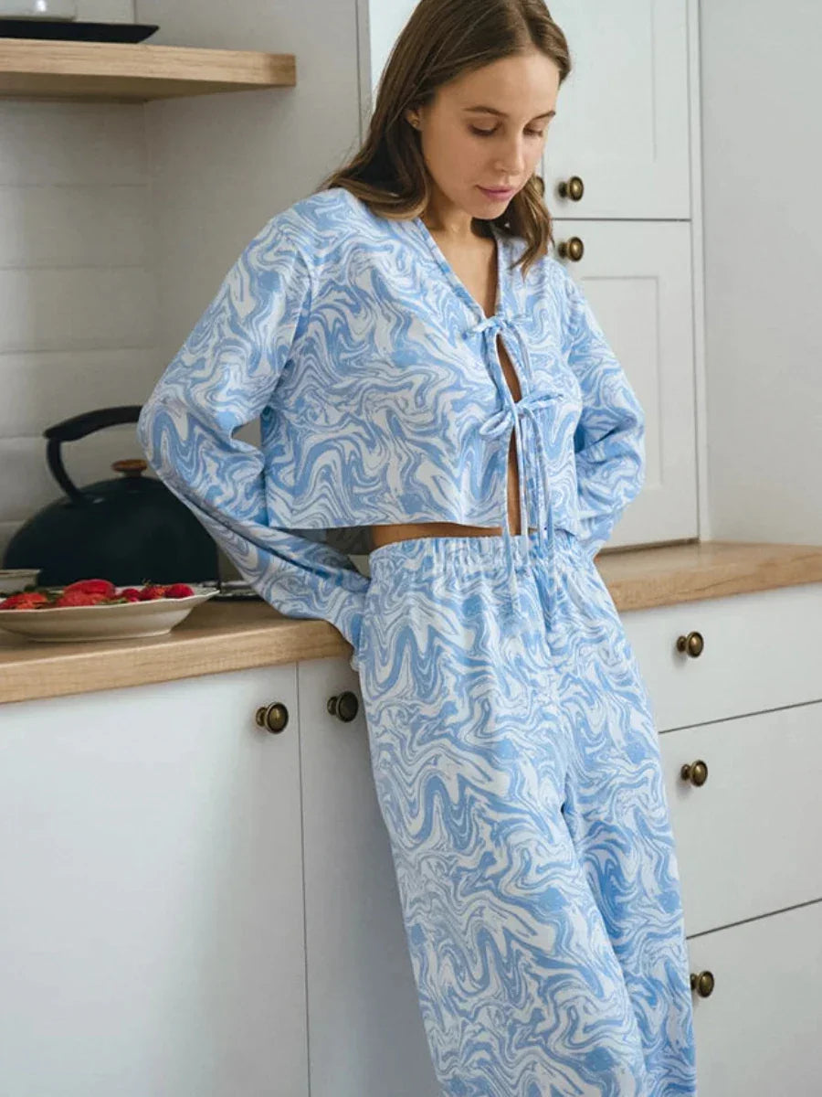 Light Blue Pattern Printed Long-Sleeved Cardigan & Shorts 2-Piece Set – Cozy Homewear Pajamas Sleepwear - Besontique Home