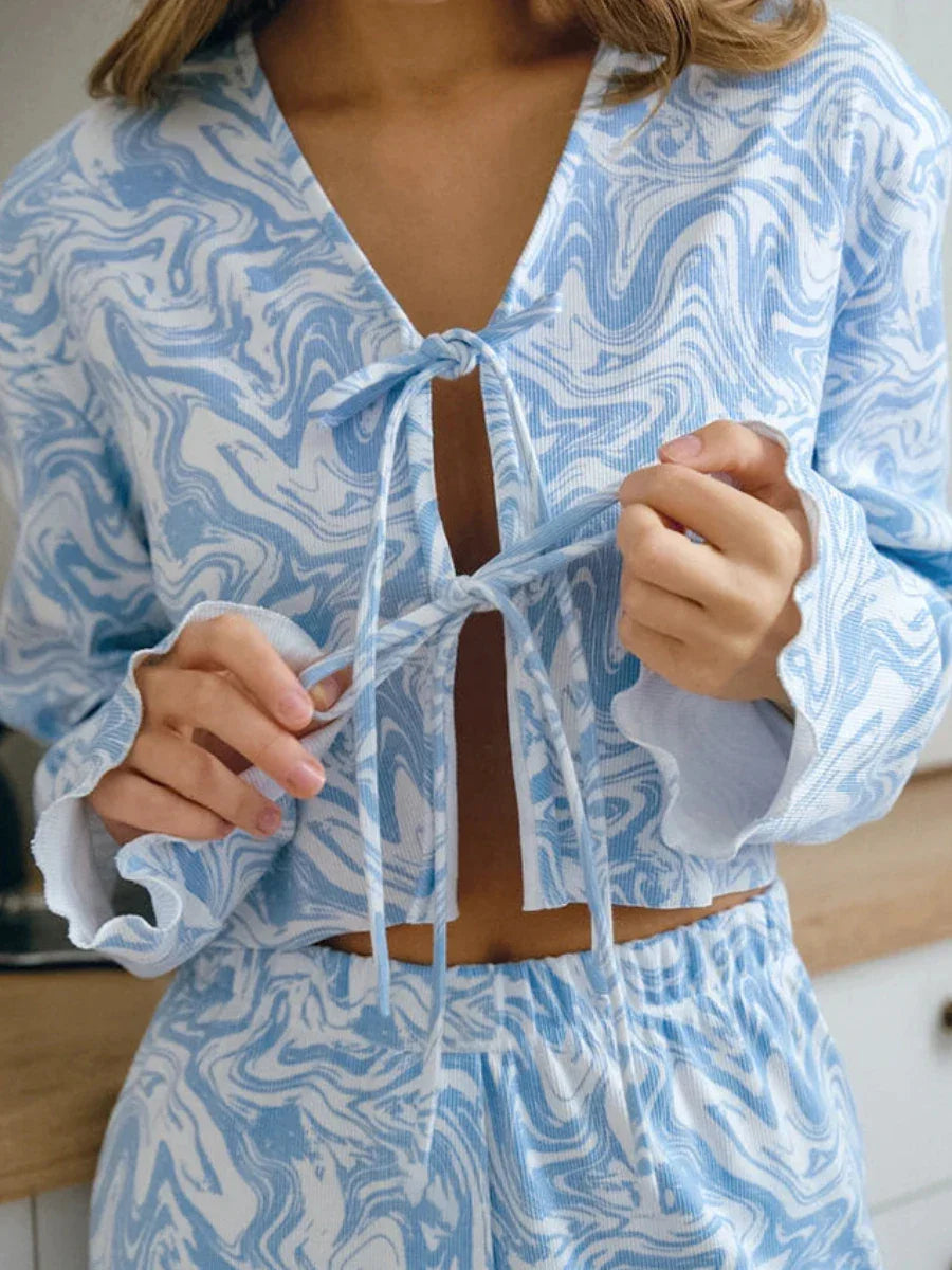Light Blue Pattern Printed Long-Sleeved Cardigan & Shorts 2-Piece Set – Cozy Homewear Pajamas Sleepwear - Besontique Home