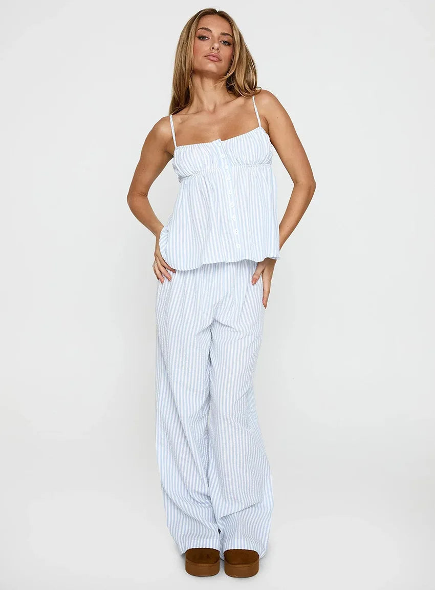Light Blue Pink Striped Summer Homewear 2 Piece Set │ Women Comfortable Sleepwear - Besontique Home