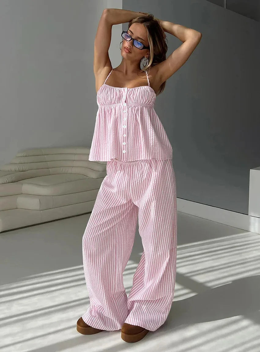 Light Blue Pink Striped Summer Homewear 2 Piece Set │ Women Comfortable Sleepwear - Besontique Home