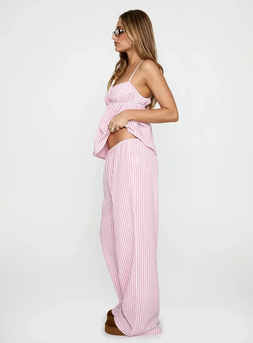 Light Blue Pink Striped Summer Homewear 2 Piece Set │ Women Comfortable Sleepwear - Besontique Home