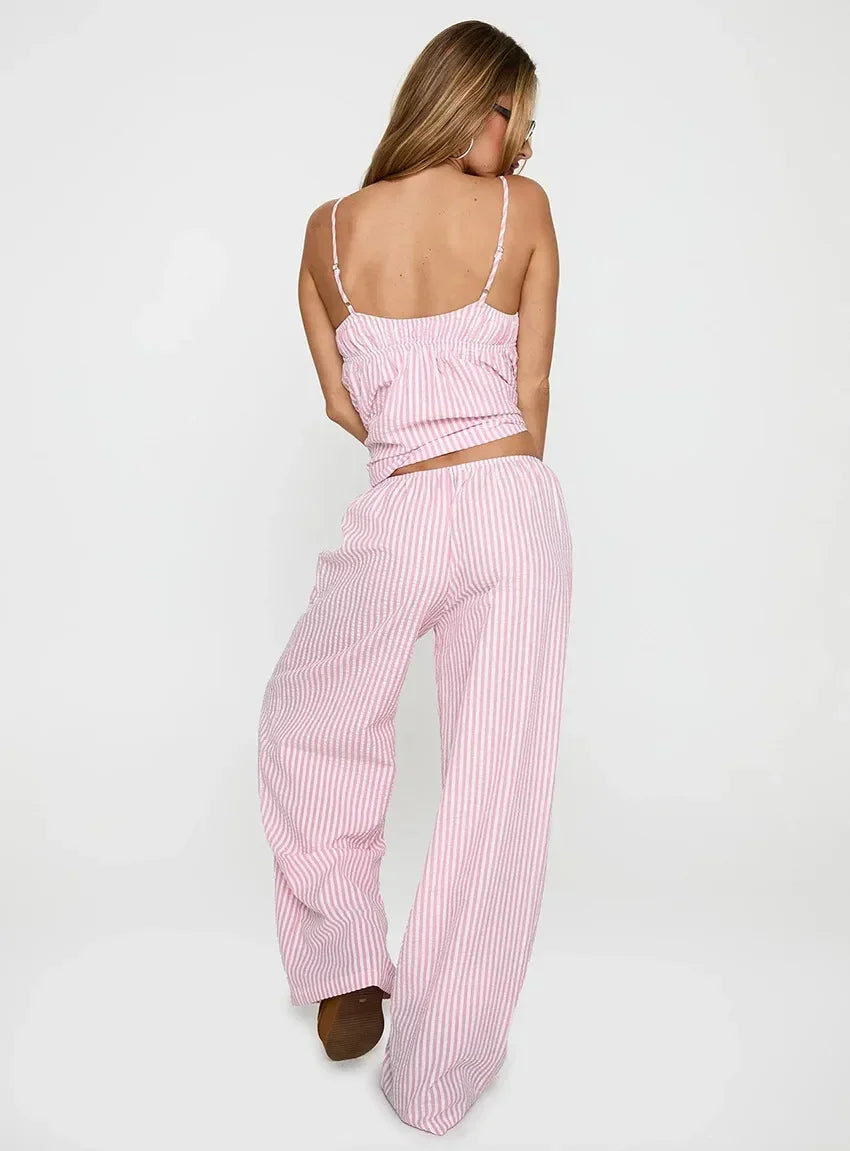 Light Blue Pink Striped Summer Homewear 2 Piece Set │ Women Comfortable Sleepwear - Besontique Home