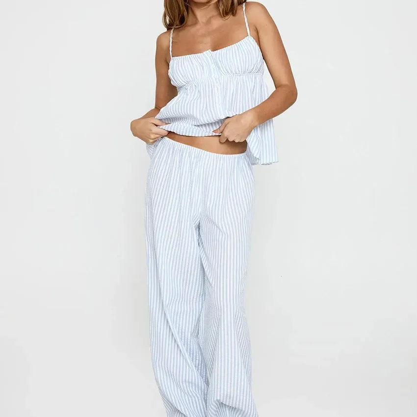 Light Blue Pink Striped Summer Homewear 2 Piece Set │ Women Comfortable Sleepwear - Besontique Home