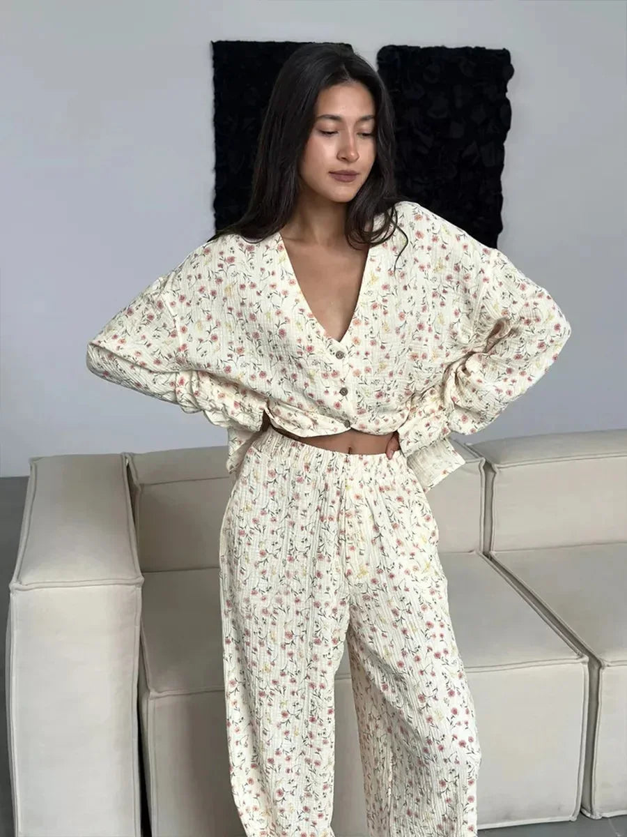 Long Sleeve Floral Printed Cardigan Pajama 2 Piece Set │ Cotton - Besontique Home