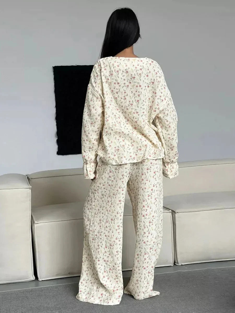 Long Sleeve Floral Printed Cardigan Pajama 2 Piece Set │ Cotton - Besontique Home