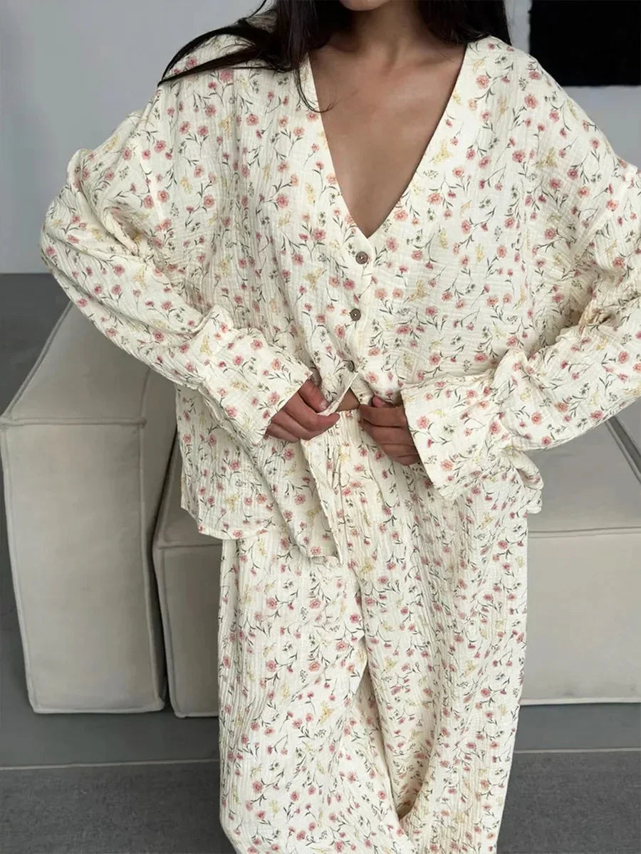 Long Sleeve Floral Printed Cardigan Pajama 2 Piece Set │ Cotton - Besontique Home