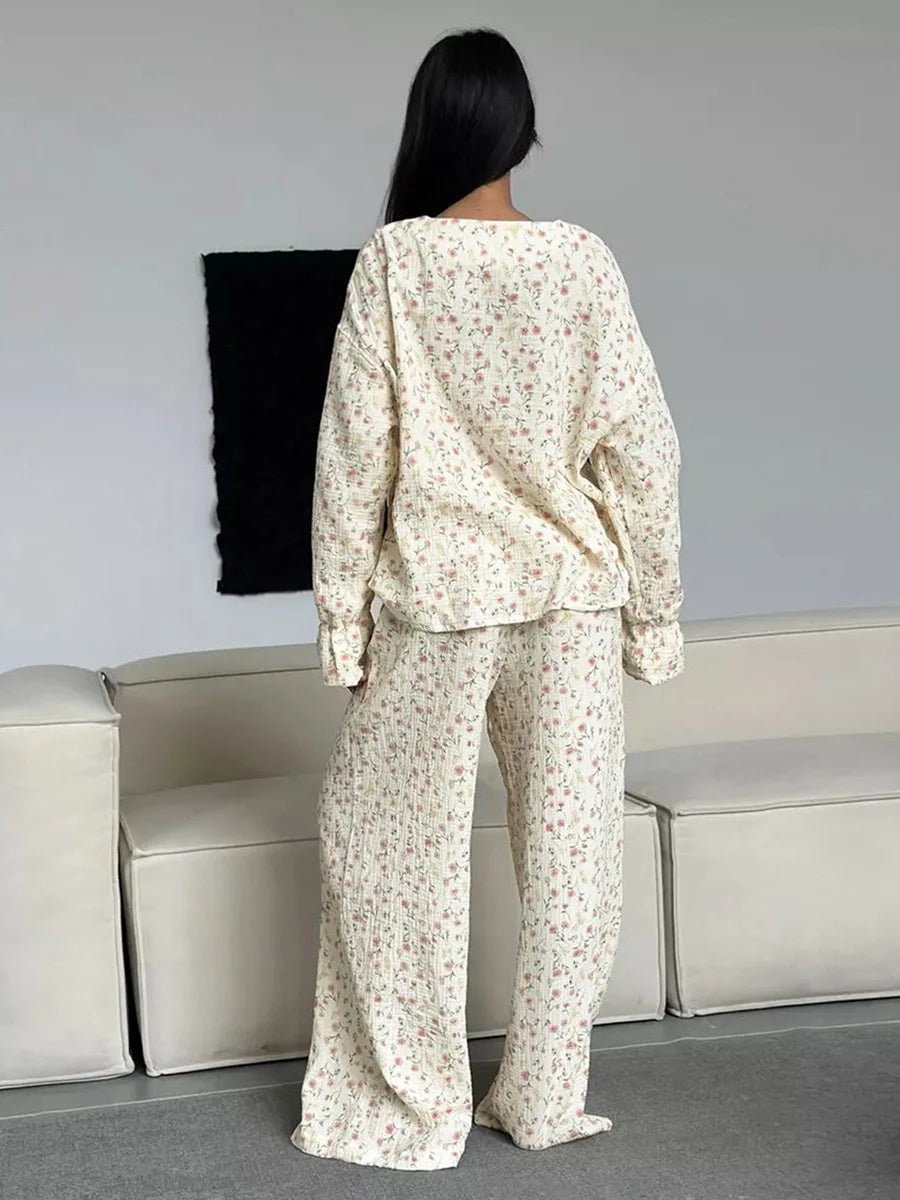 Long Sleeve Floral Cardigan Pajama 2 Piece Set - Besontique Home