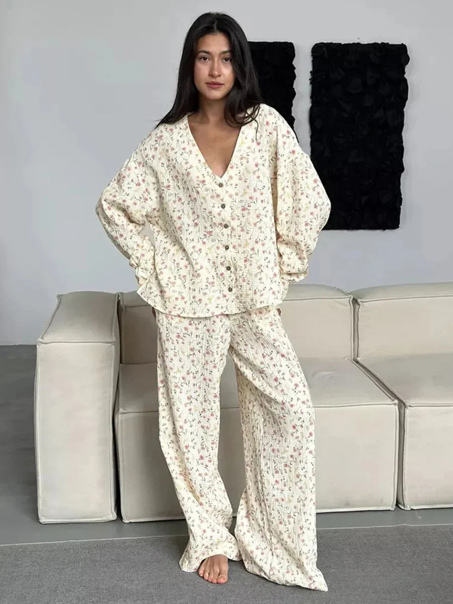 Long Sleeve Floral Printed Cardigan Pajama 2 Piece Set │ Cotton - Besontique Home