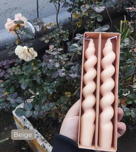 Long Spiral Pillar Candles 2 pcs (White / Beige / Coffee) │ Handmade Natural Soy Wax Candles - Besontique Home