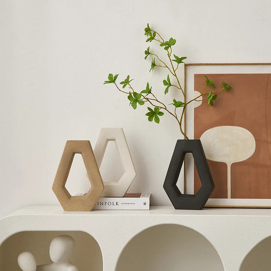 Modern Abstract Art Ceramic Vase │ Minimal Geometric Hexagonal Living Room Table Decoration Pot Set Besontique Home Decor