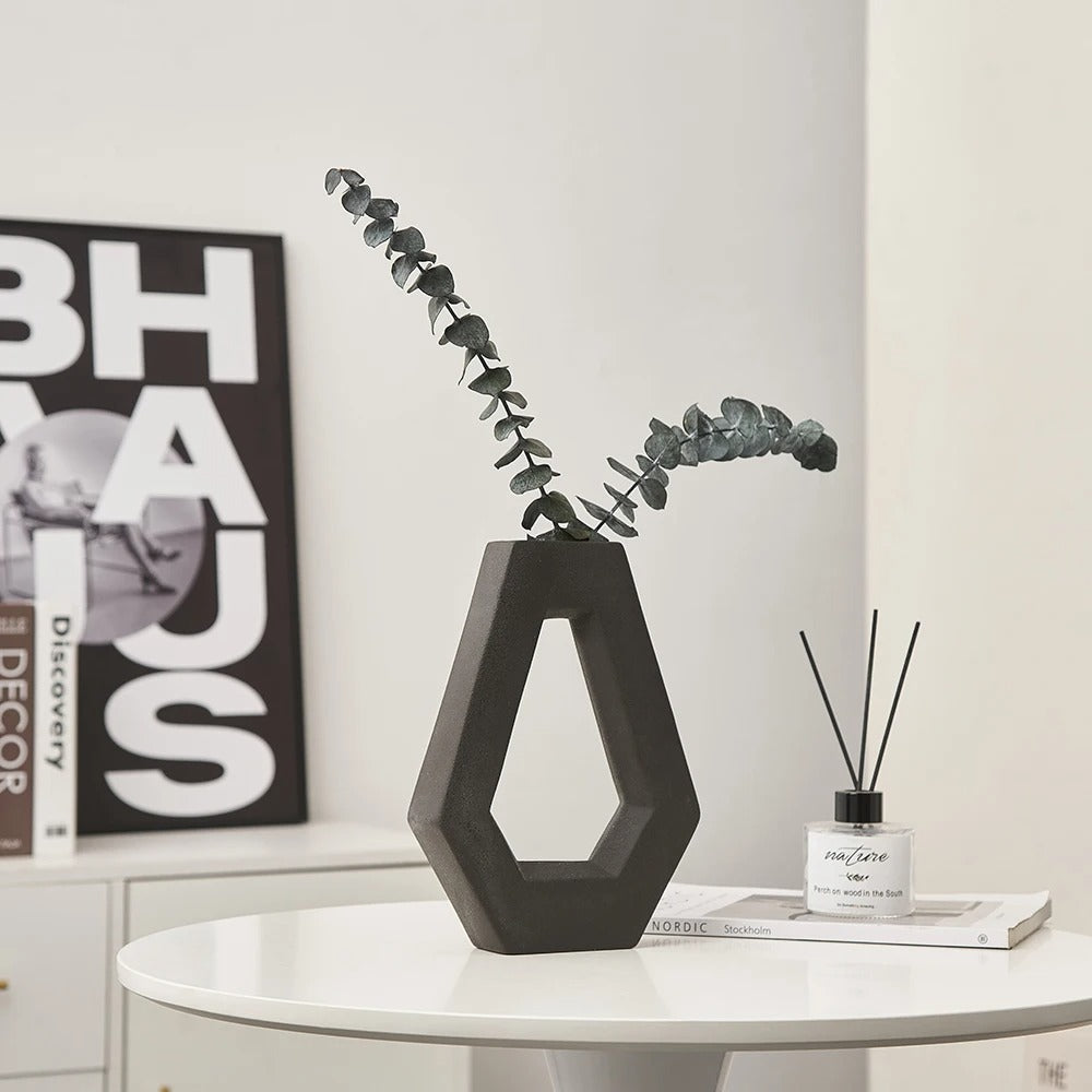 Modern Abstract Art Ceramic Vase │ Minimal Geometric Hexagonal Living Room Table Decoration Pot Set Besontique Home Decor
