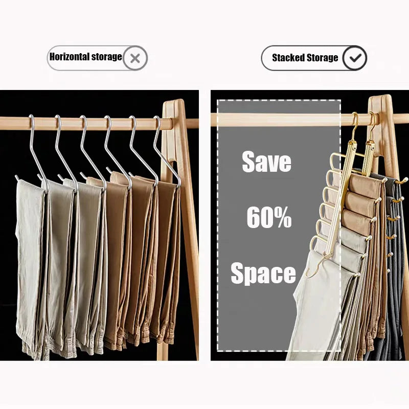 Matte Gold/Gray 6 in 1 Multi-Layer Pants Trouser Clothes Hanger │ Folding-function Scarf Storage Hanging Rack Organizer Hanger - Besontique Home
