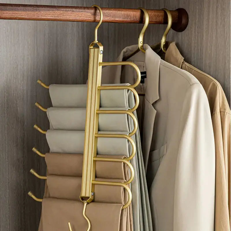 matte-goldgray-6-in-1-multi-layer-pants-trouser-clothes-hanger-folding-function-scarf-storage-hanging-rack-organizer-hanger-besontique-home-76528 - Besontique Home
