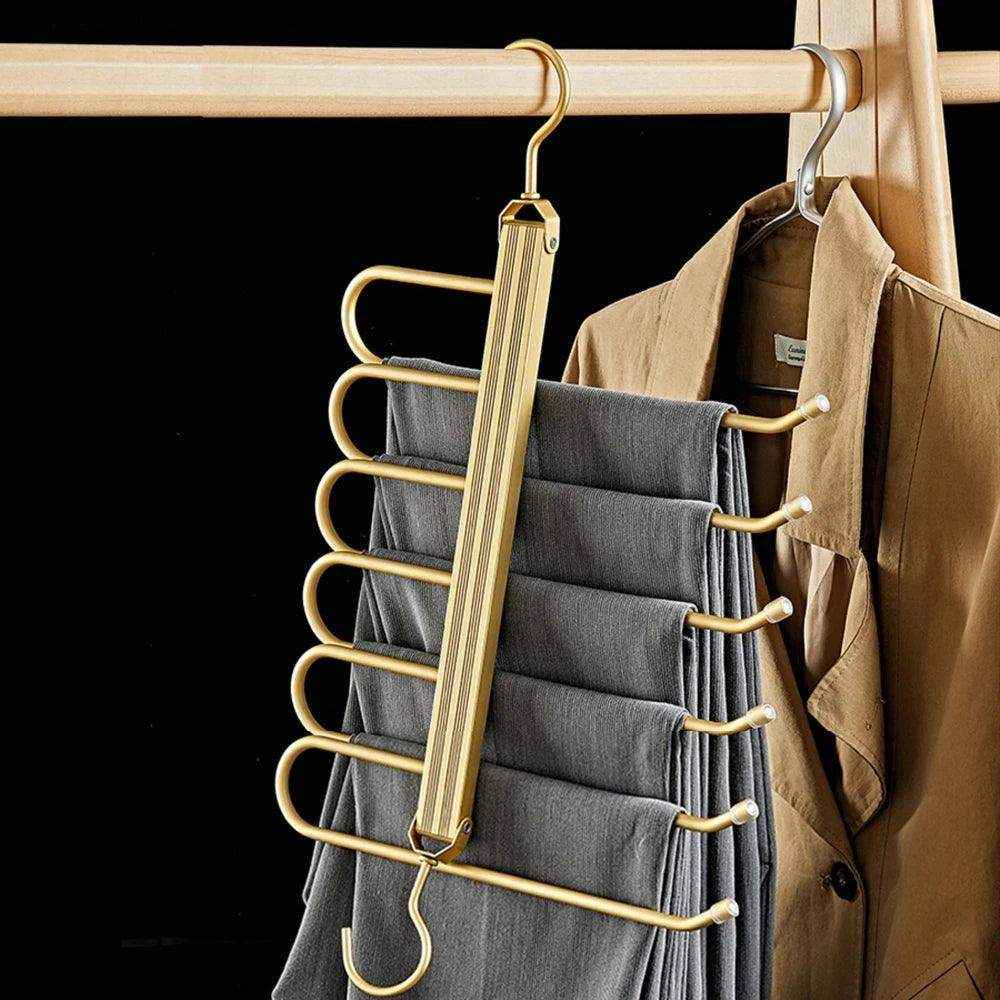 Matte Gold/Gray 6 in 1 Multi-Layer Pants Trouser Clothes Hanger │ Folding-function Scarf Storage Hanging Rack Organizer Hanger - Besontique Home