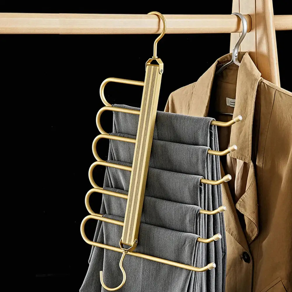 matte-goldgray-6-in-1-multi-layer-pants-trouser-clothes-hanger-folding-function-scarf-storage-hanging-rack-organizer-hanger-besontique-home-83168 - Besontique Home