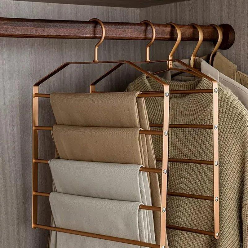 Matte Gold/Silver 5 in 1 Multi-Layer Pants Trouser Hanger │ Wardrobe Clothes Hanging Rack - Besontique Home